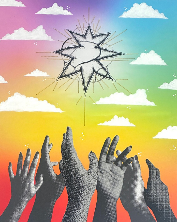 a rainbow background with hands reaching to the sky